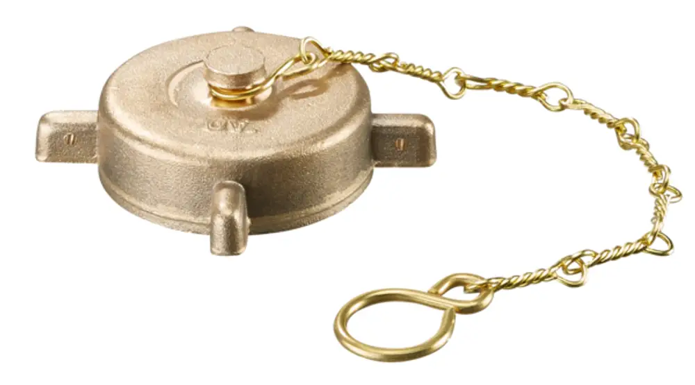 Verschlusskappe aus Messing mit Kette, geeignet für Füllstutzen. Teilweise sichtbar ist die Marke Oventrop auf der Kappe. Die Kappe hat mehrere Halterungen.
